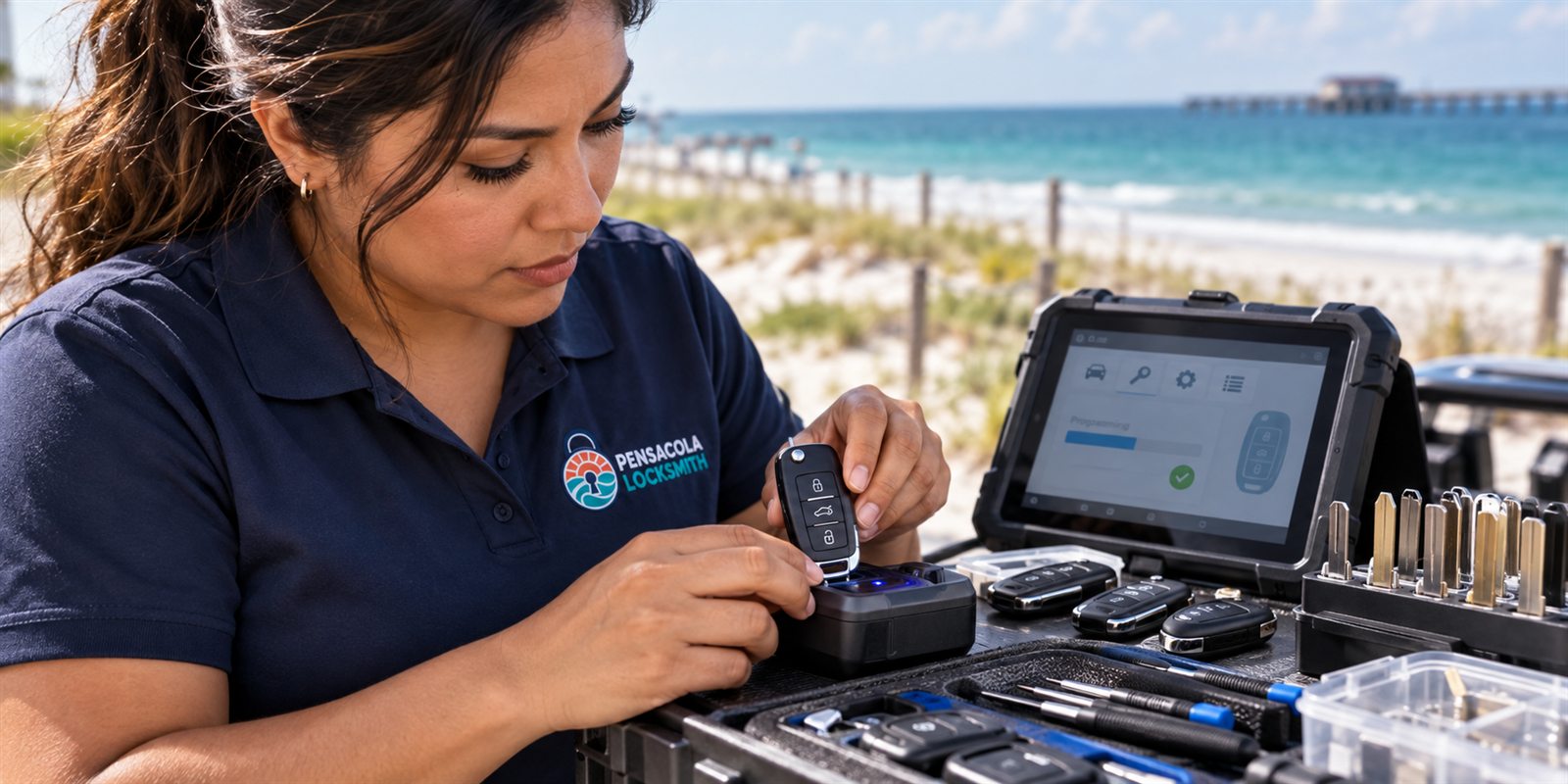 Pensacola Locksmith technician programming a vehicle key near Pensacola Beach