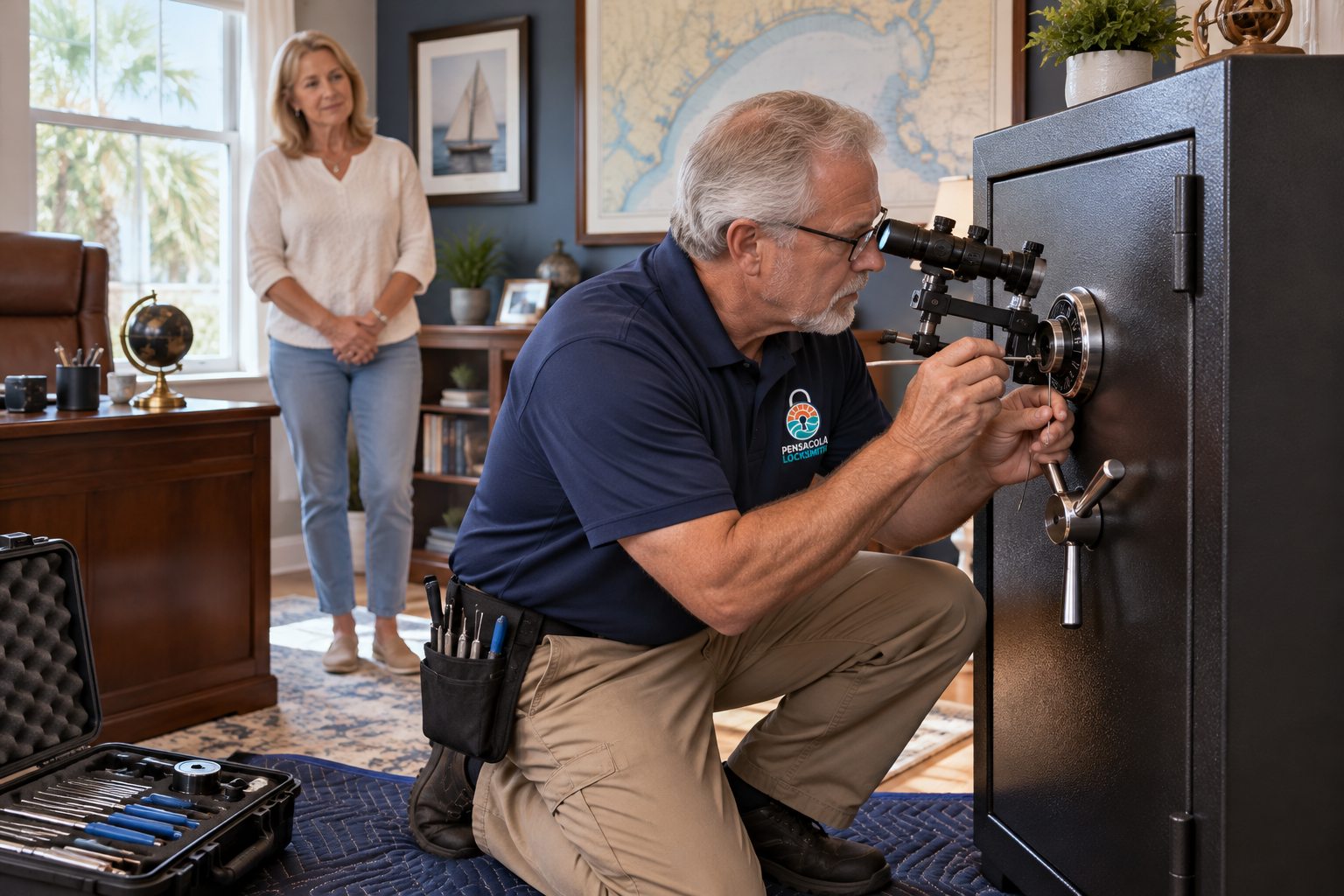 Pensacola Locksmith technician opening a safe in a home office while the homeowner watches