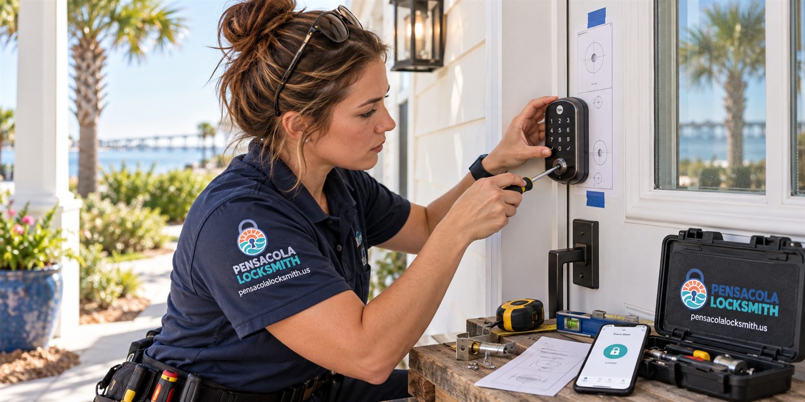 Pensacola Locksmith technician installing and testing a smart lock on a home entry door